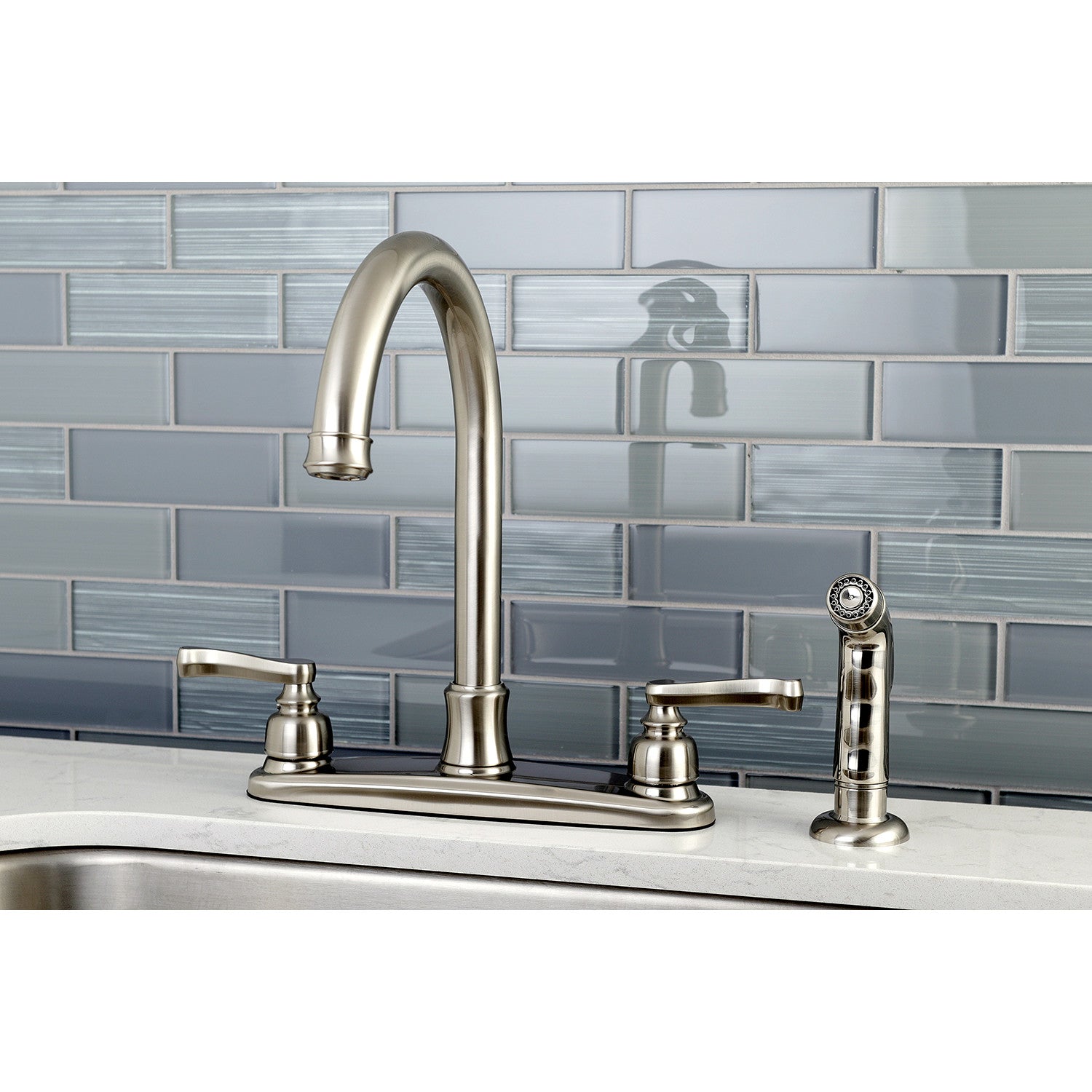 Kingston Tulare FB7798FLSP - Royale Two-Handle 4-Hole 8" Centerset Kitchen Faucet with Side Sprayer, Brushed Nickel — thumbnail 2
